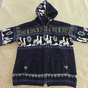 Tejidos Ruminahui All-over Alpaca Full Zip Drawstring Hooded Sweater Jacket Sz M